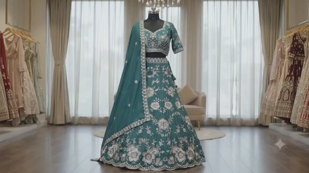 Teal Floral Embroidered Designer Saree